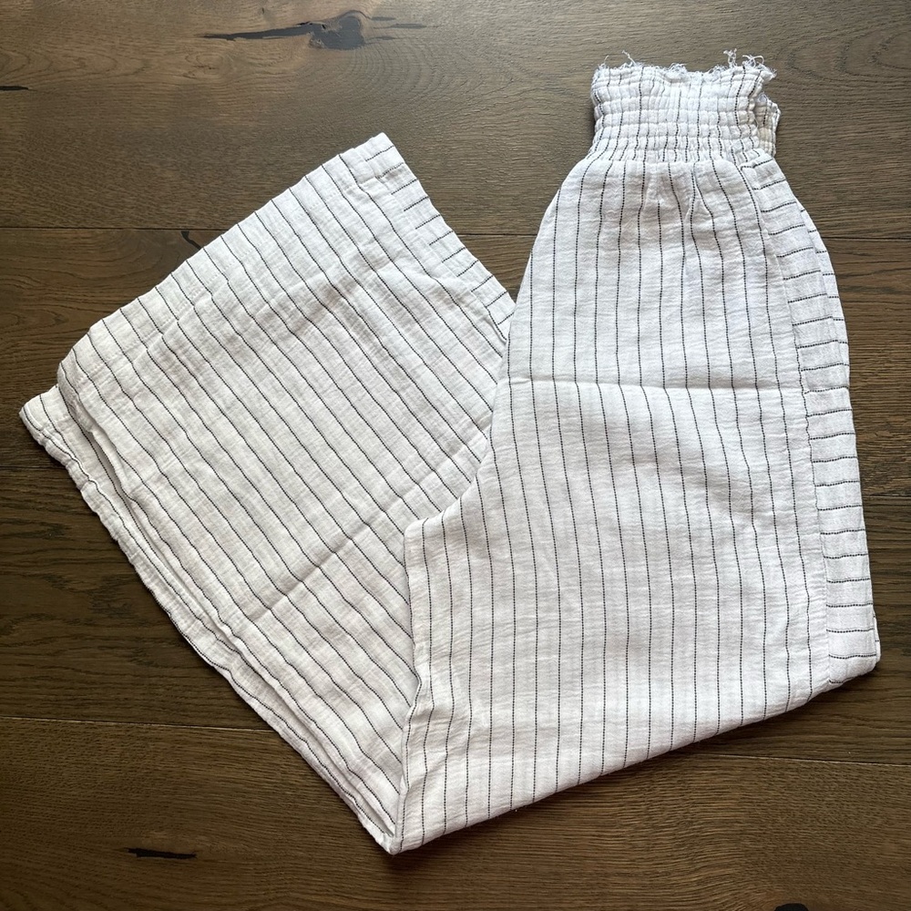 Joie Gauze Smocked High Waistband Wide Leg Pants In White/Black Stripes Size M